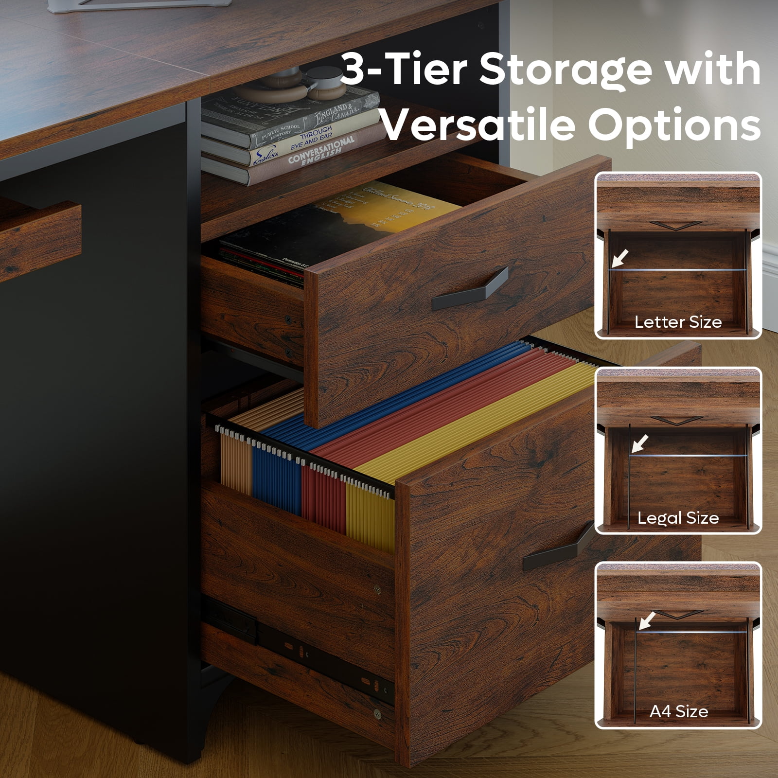 Bestier 55 inch Computer Desk with Storage Drawers & Keyboard Tray & File Drawer Home Office Desk Cherry