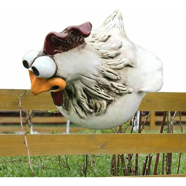 Statue de Poulet Drole Visage Poulet Cloture Ornement Parodie Coq Jardin Decoration Ornement Coq Statues Artisanat en Resine pour le Jardin