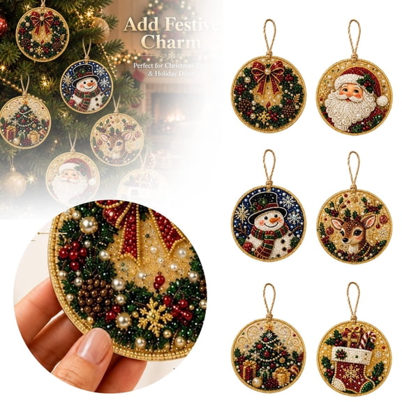 WEIOUKC 6PCS Wooden Christmas Ornaments Diamond Painting Kits for Adults, Christmas Diamond Art Hanging Pendant DIY Single-Side Craft Kit, for Tree & Wall Decor