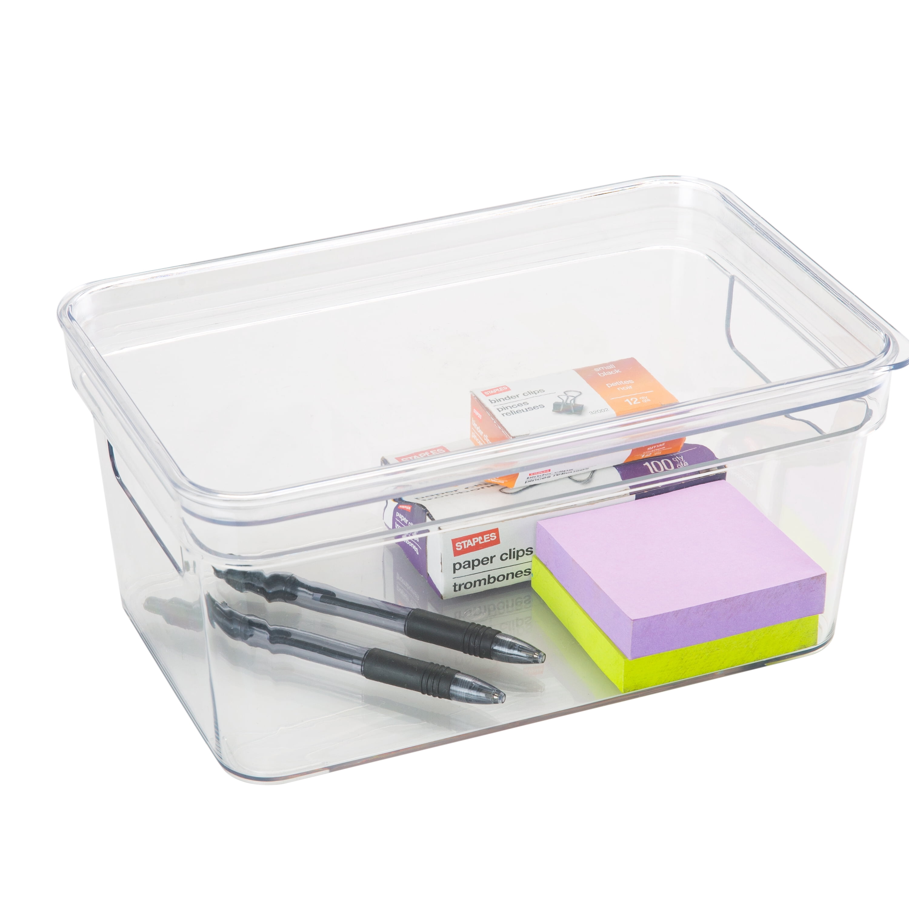 Simplify Small Lidded Plastic Storage Bin Basket with Handles, Clear