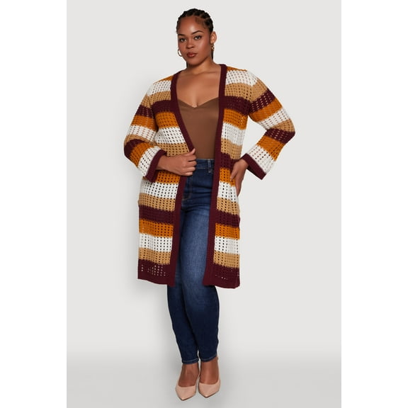 Womens Plus Size Trendy Striped Crochet Long Sleeve Duster
