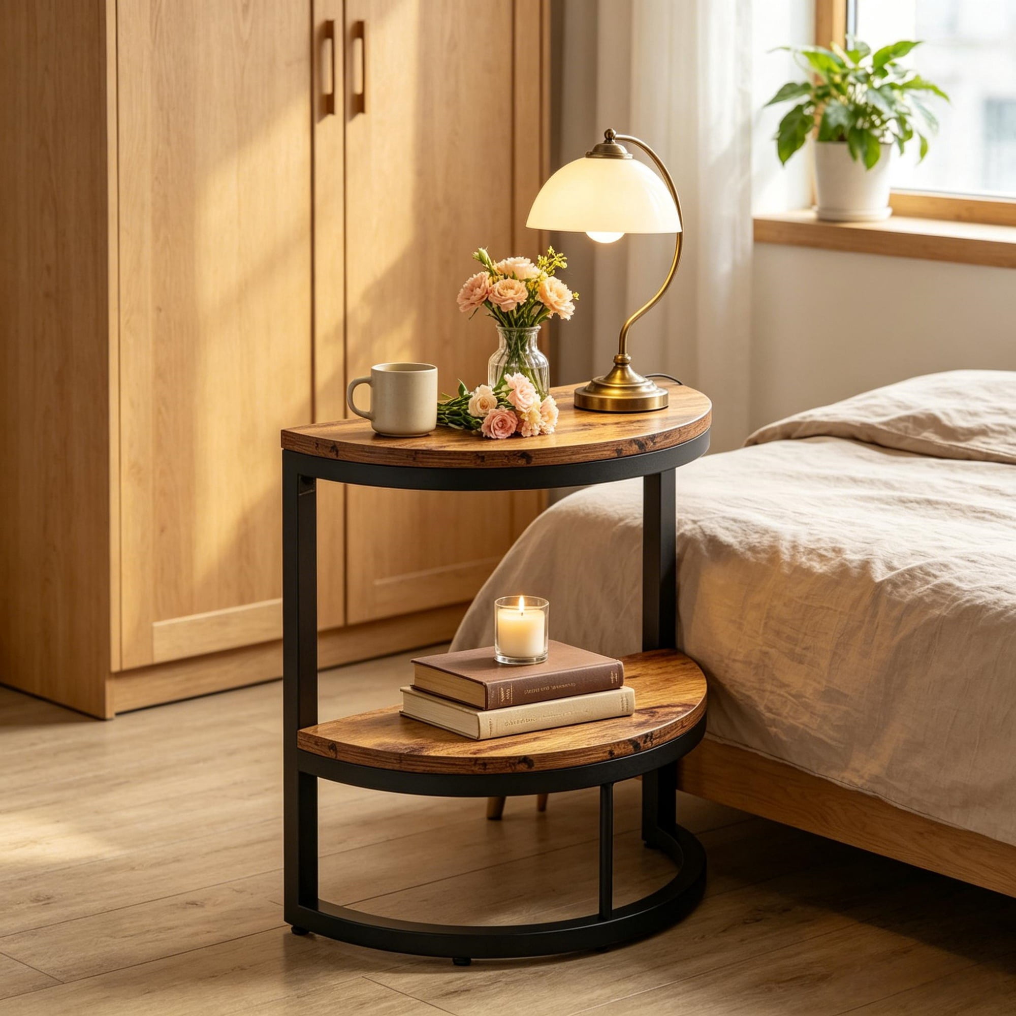 Half Moon Rustic Brown Side End Table, Minimalist Wall-Leaning Sofa Bedside Table with Thick Board Adjustable Feet for Small Living Room Bedroom Spaces
