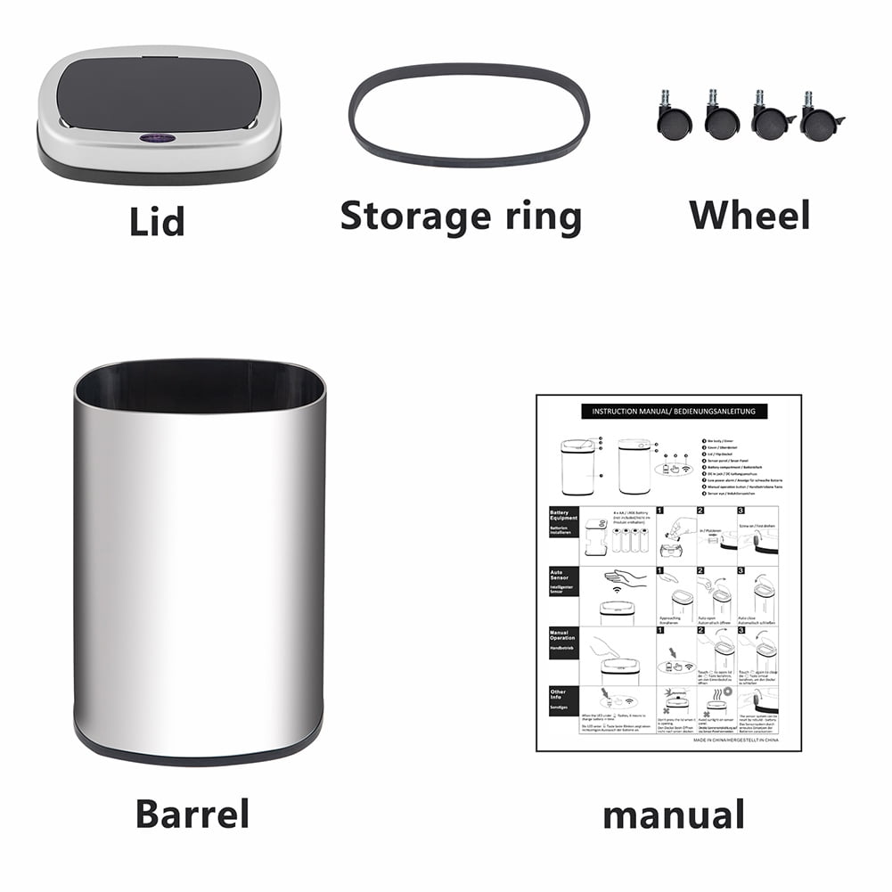 Private Jungle Smart Trash Can Cylindrical Ordinary Mirror Barrel Body Φ30.5x78 Stainless Steel ABS Material Waterproof Induction Type Automatic,Silver