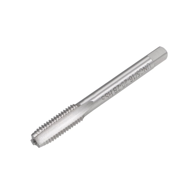 Unique Bargains Machine Tap 5/16-20 UNC Thread Pitch 2B 3 Flutes High Speed Steel HSS. A silver-toned machine tap with straight 3 flutes for efficient threading, made of high-speed steel (HSS). The tool measures 70mm (2.7 inches) in total length, with a thread length of 23mm (0.9 inches) and a shank side width of 5mm (0.2 inches). Suitable for drilling, tapping, and cutting on soft metals, aluminum plates, and iron.