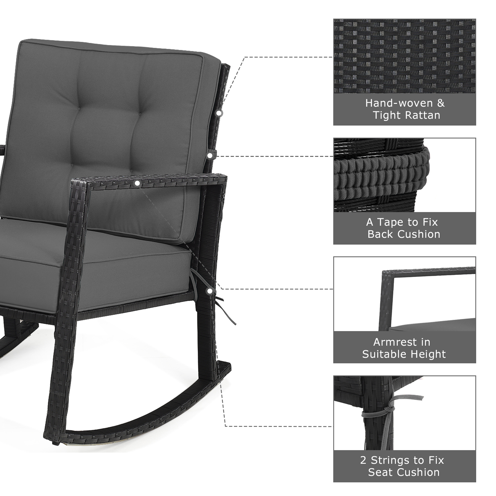 Patiojoy Outdoor Wicker Rocking Chair Glider Rattan Rocker Recliner with Grey Cushion - image 3 of 6