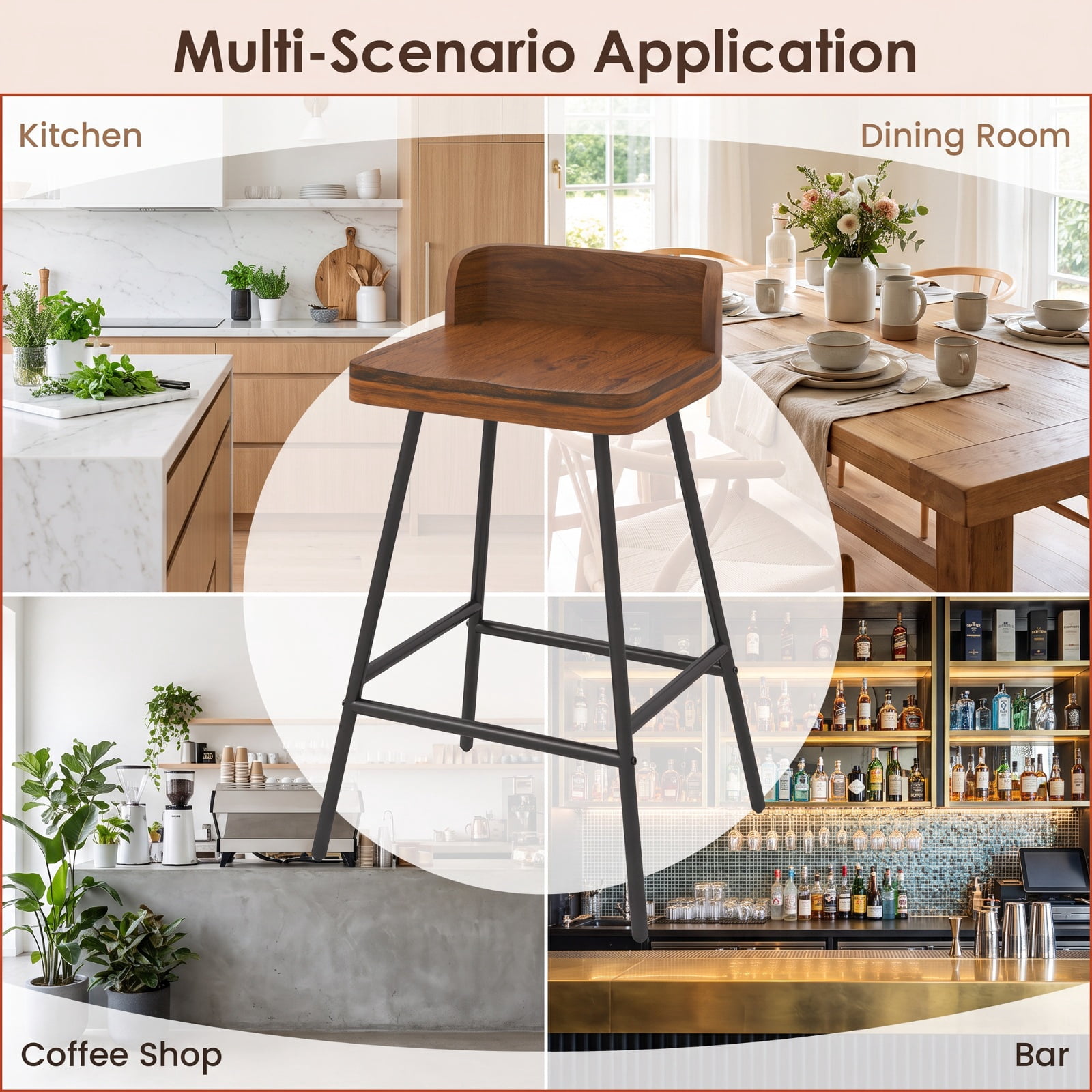 Furnibear Set of 2 Counter Height Bar Stool with Low Back Metal Legs and Footrest for Kitchen Island for Kitchen Island Counter Bar Pub Dining, Brown
