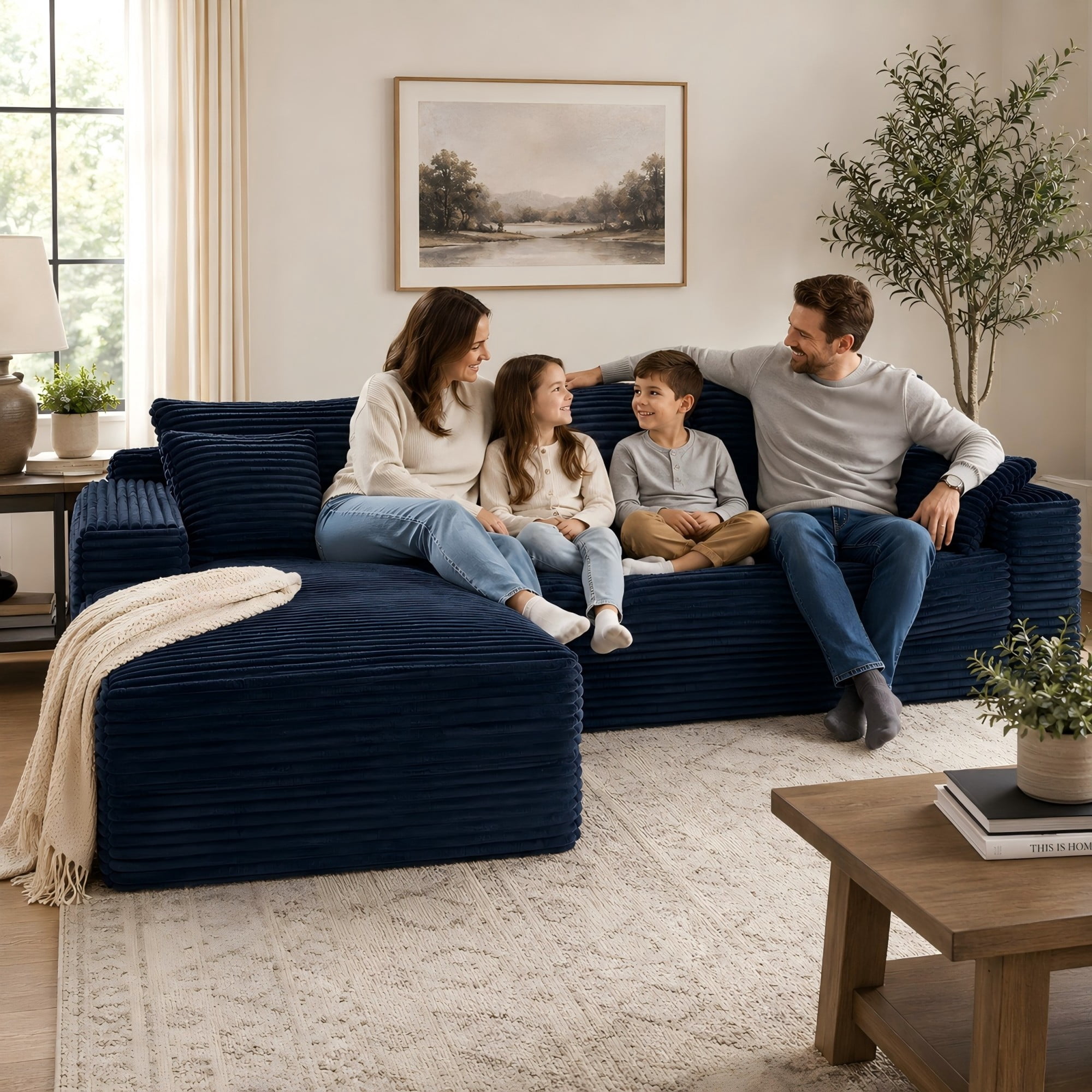 Aukfa 107" Cloud Modular Sectional Couch with Left-Facing Chaise, Corduroy Deep Seat Boneless Sofa for Living Room, Apartment, Blue