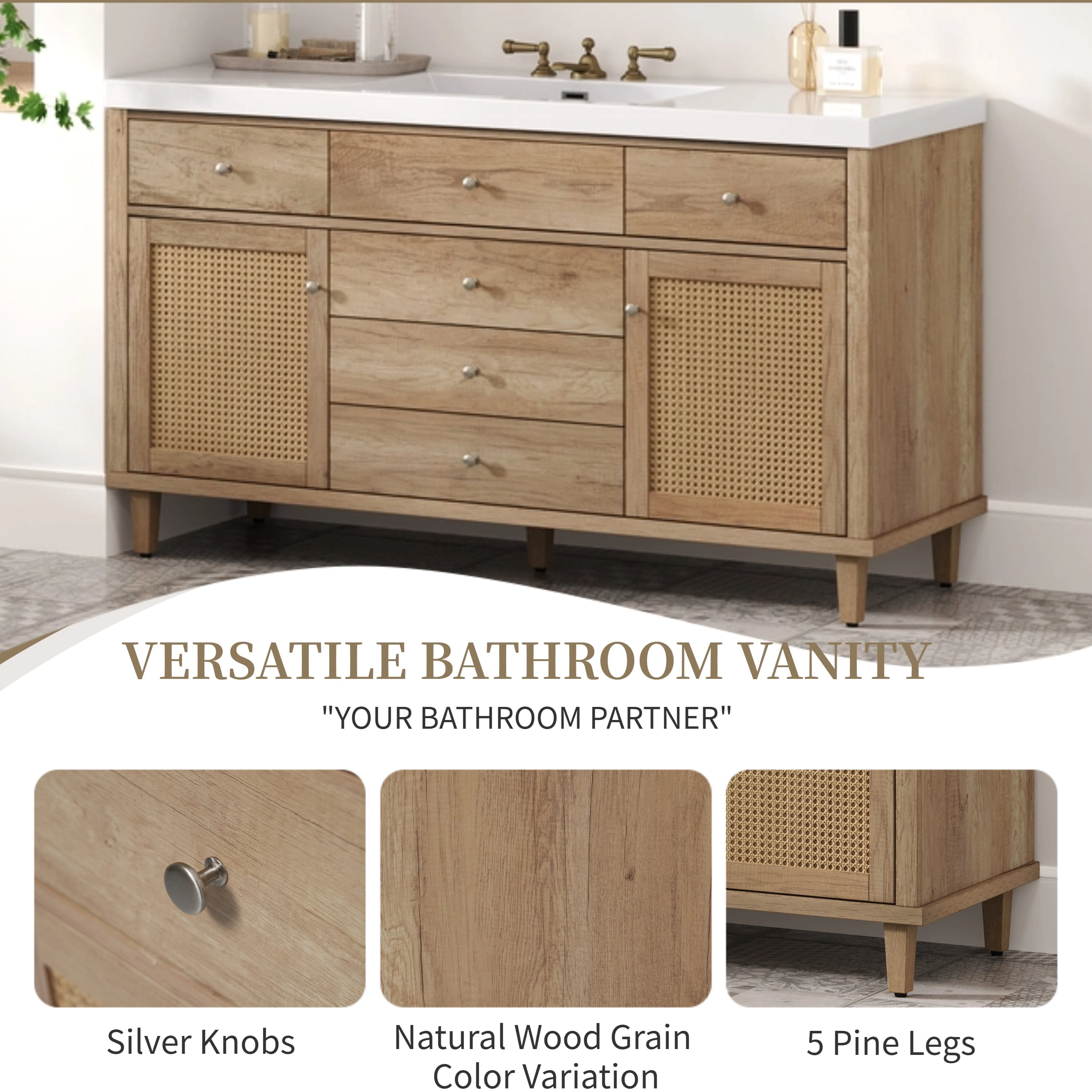 Euroco 60" Bathroom Vanity with SMC Sink, Modern Large Storage Bathroom Storage Cabinet with Soft Close Drawers and Rattan Doors, Silver Metal Knobs and 5 Pine Legs, Natural