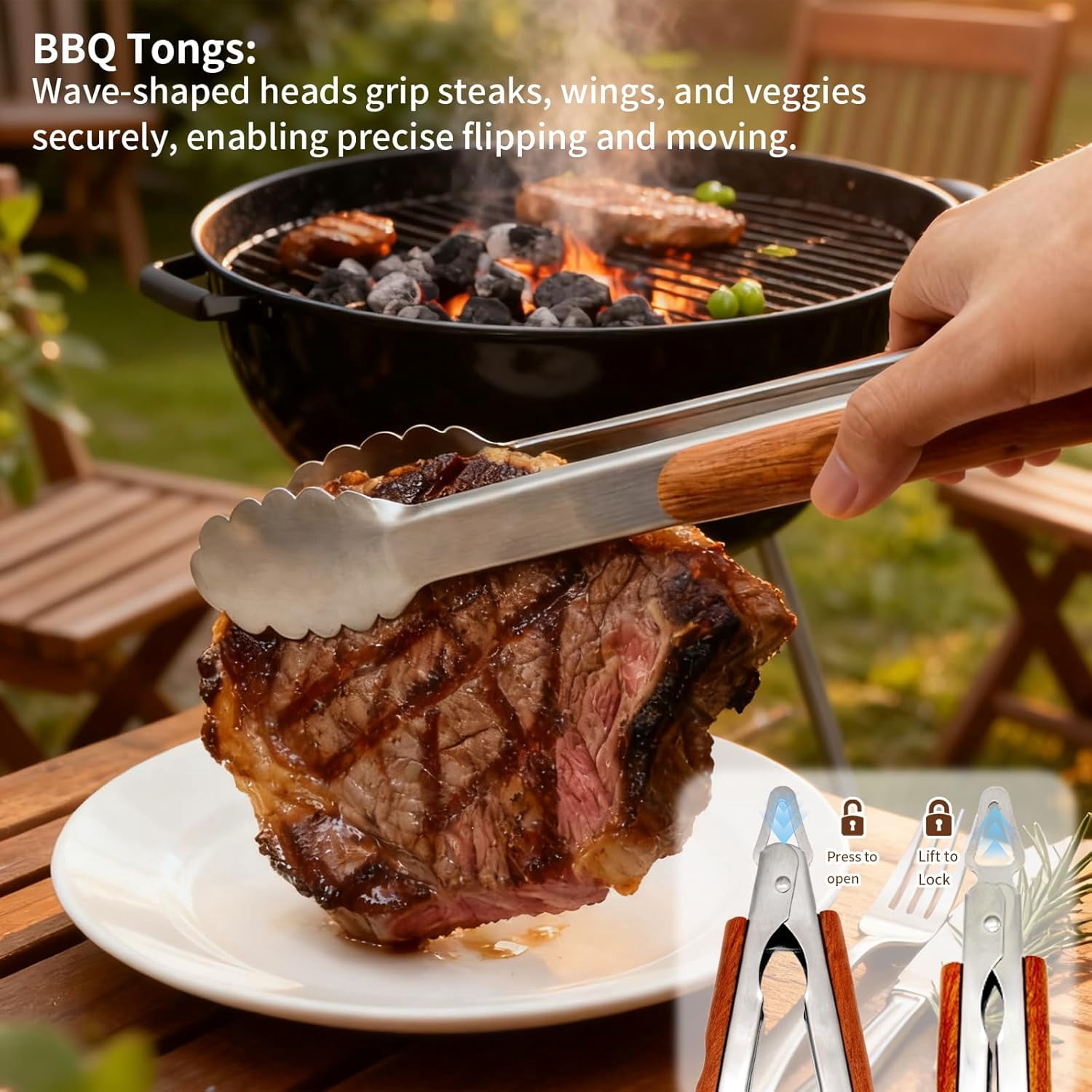 BBQ Grilling Accessories, Outdoor Grill Set with Spatula, Fork, Brush & Tongs, Stainless Steel Grilling Tools with Non-Slip Wooden Handle
