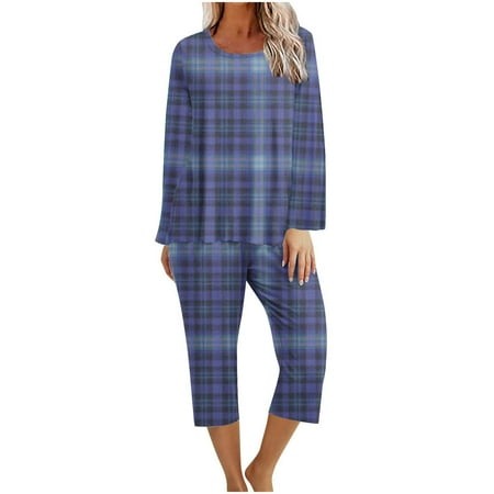 

Jalioing Loungewear Suit for Women Round Neck Blouse with Cropped Pants Colorblocked Plaid Loose Pajamas Sets (Small Purple)