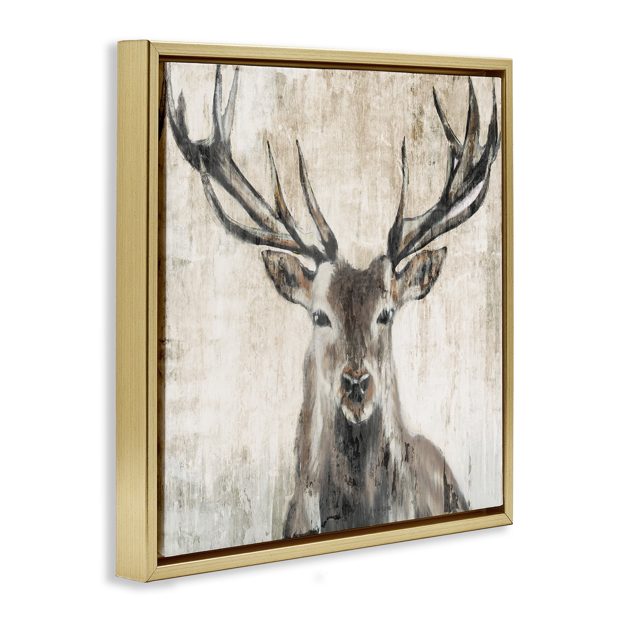 Stupell Industries Rustic Deer Elk Wildlife Portrait Animals & Insects Painting Gold Floater Framed Canvas Art Print Wall Art, 25 x 25