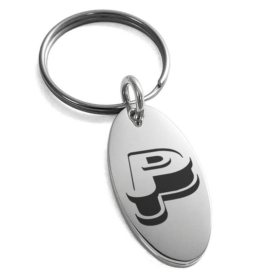 Stainless Steel Letter P Initial 3D Monogram Engraved Small Oval Charm Keychain Keyring