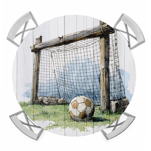 Soccer Field Round Table Cover, Rustic Sport Football Match Green Grass Wood Grain Waterproof Fitted Tablecloths for 36"-44" Tables, Washable Picnic Table Cover for Camping Dining Indoor Outdoor