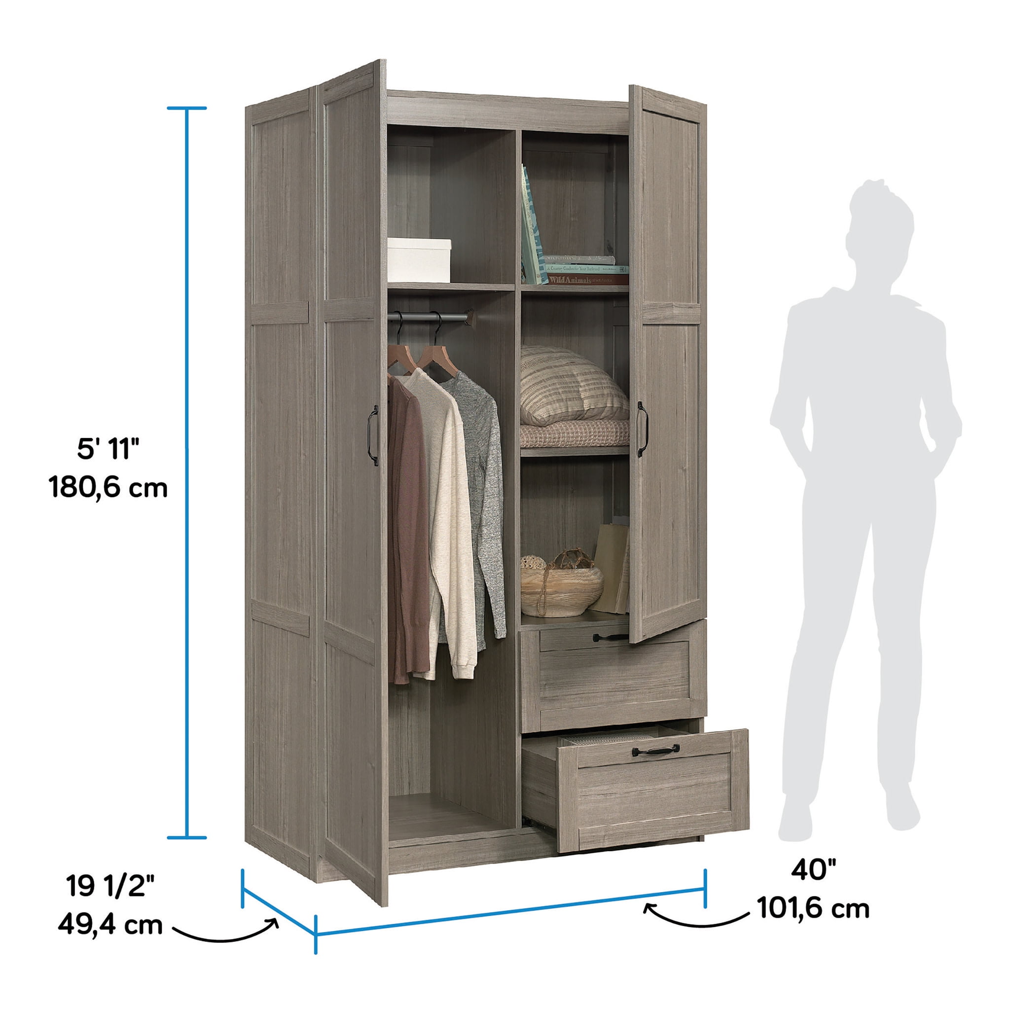 Sauder, Wardrobe Storage Cabinet, 40 in L, Silver Sycamore finish