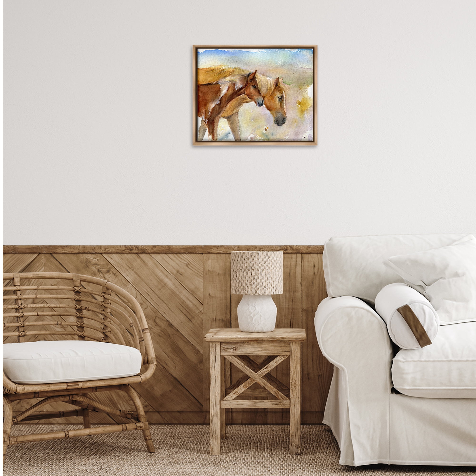 Stupell Industries Wild Horses Watercolor Animals & Insects Painting Brown Floater Framed Canvas Art Print Wall Art, 21 x 17