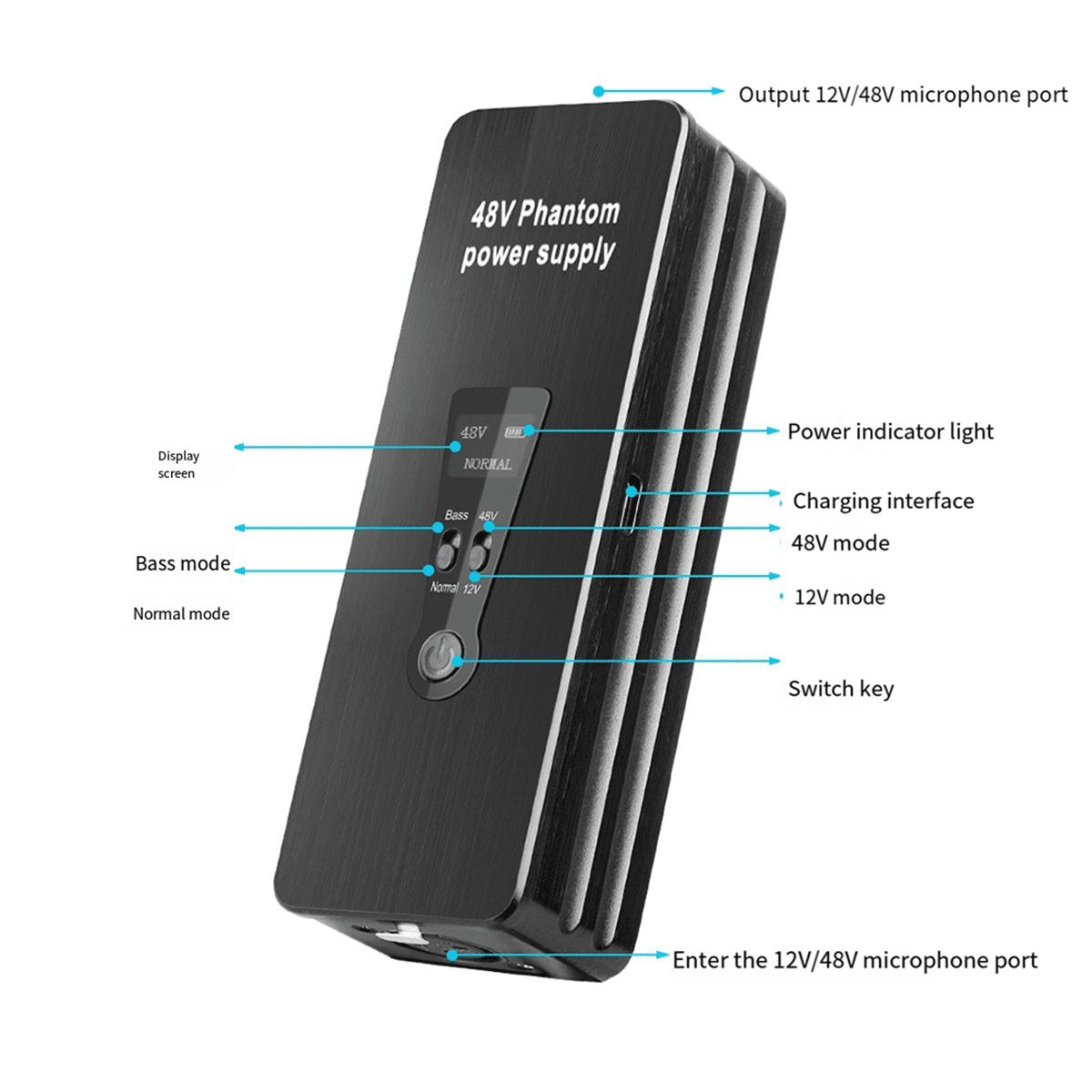 Phantom Power Supply 48V 12V Switch Rechargeable Portable for Condenser Microphones Mic Preamp Record Studio