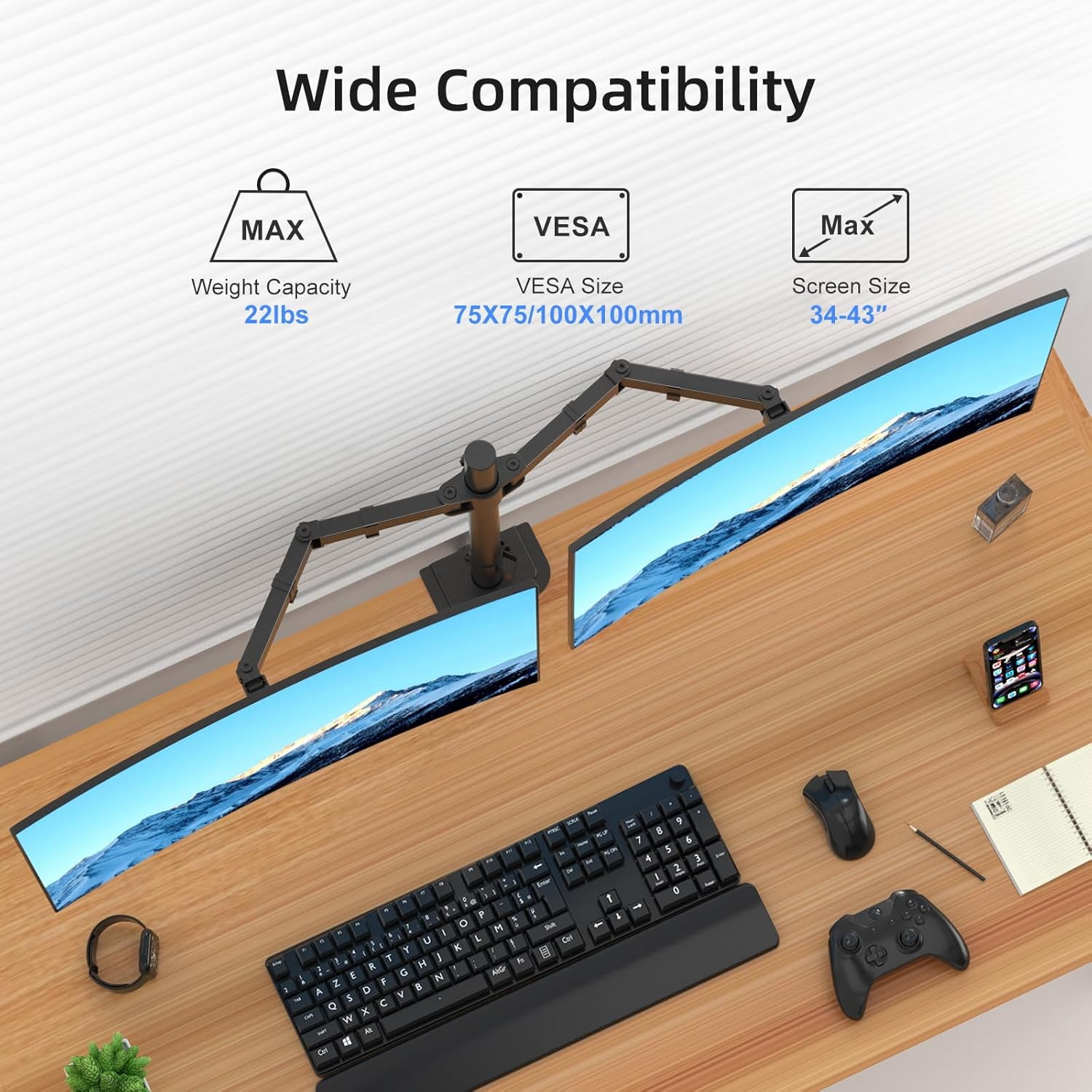 Dual Monitor Desk Mount Adjustable Arm for 2 Screens  to 43 inch 15.75 Pole Stand Holds 22 lbs Black MD9442LB