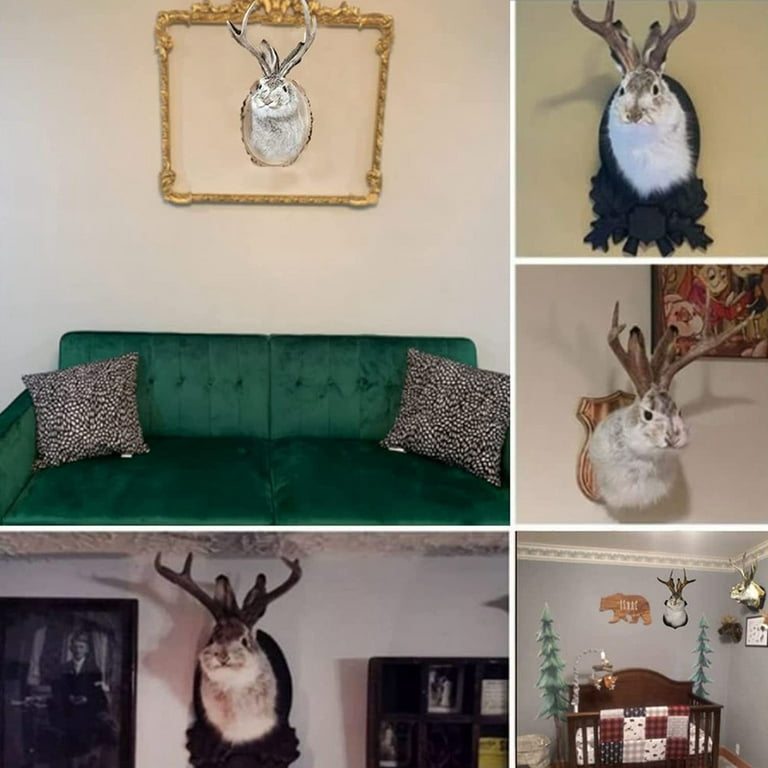 Deer Head Wall Mount Jackalope Taxidermy 3D Rabbit Animal Head Sculpture  Figurine for Holiday Living Room Bedroom Home Decoration 