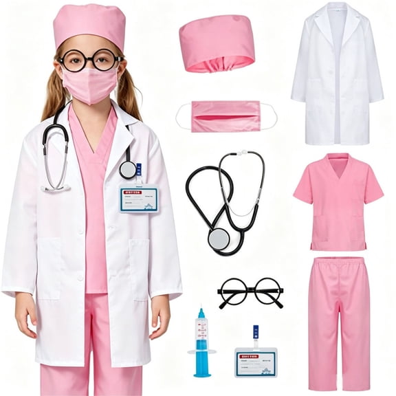 Marendyee Doctor Costume for Girls and Boys Kids Scrubs Nurse outfit With Set including a stethoscope Dress Up Cosplay Halloween Toddler 6T 5-6Years