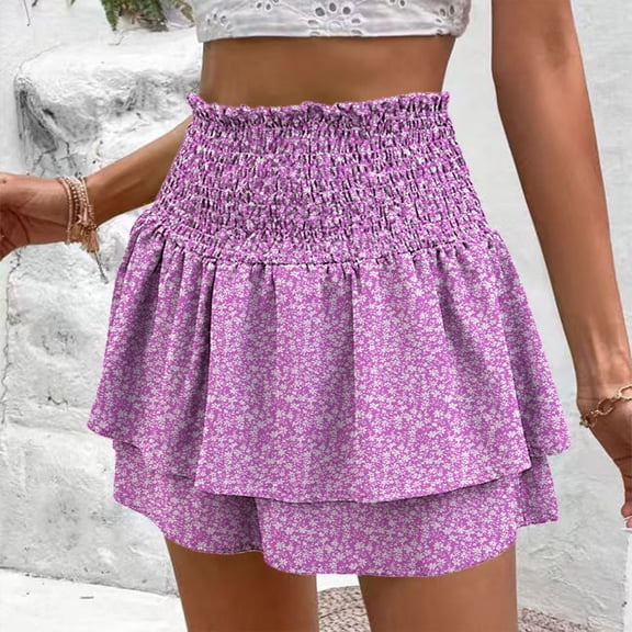 UDAUDU Womens Skorts Mini Skirts Summer Shorts Tiered Boho Casual Beach Vacation Ruffle Flowy Shorts Trendy Outfits Purple 2XL