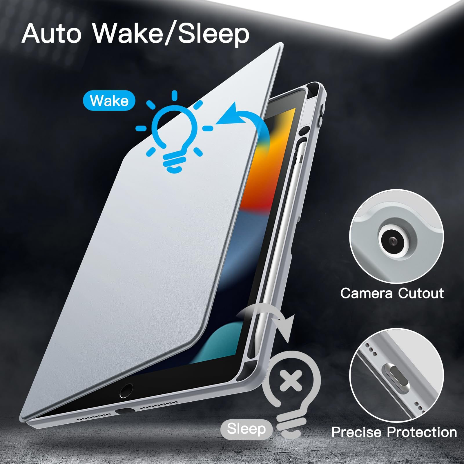 JETech Rotating Case for iPad 9/8/7 (10.2-Inch, 2021/2020/2019 Model, 9th/8th/7th Generation) with Pencil Holder, 360 Degree Rotation Protective Stand Cover Clear Back, Auto Wake/Sleep (Silver)