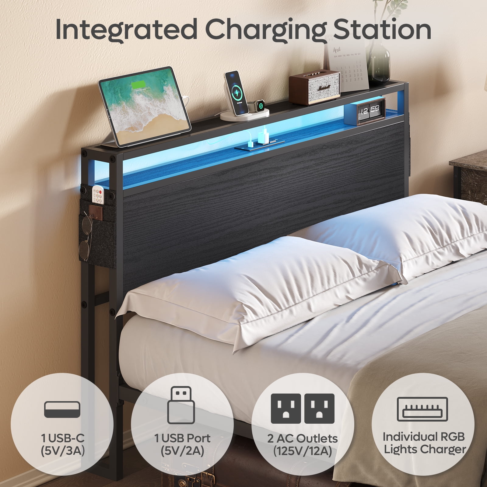 Bestier Full Size Bed Frame with Charging Station and 2 USB Ports and Outlets,LED Light Storage Headboard,Noise Free Design, Black