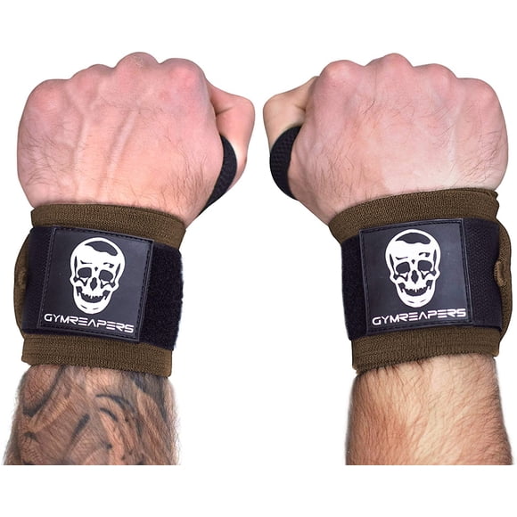 Gymreapers Wrist Wraps Weightlifting - Stiff Heavy Duty 18 inch Wraps With Thick Thumb Loop For Powerlifting, Bodybuilding, Cross Training, & Heavy Presses (Khaki, 12")
