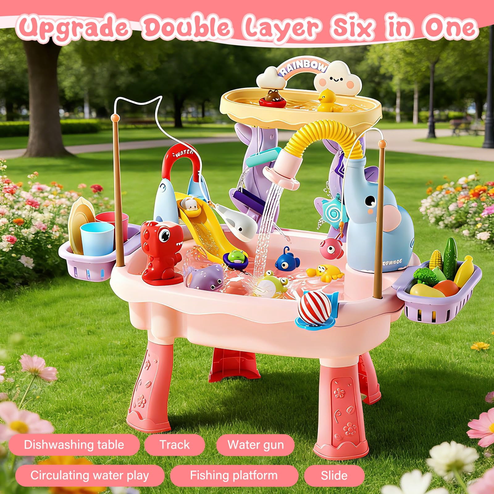 Simulation Kitchen Play Sink Water Table 2026 New Style, Electric Pump Faucet Sand Water Table with Fishing & Play Food Accessories