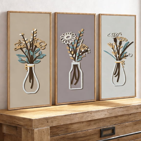 TOARTi 3D Boho Wooden Floral Wall Art Framed Palm Leaf Vintage Vase Flowers Set of 3 For Living Room Bedroom Office 8x16 Inch