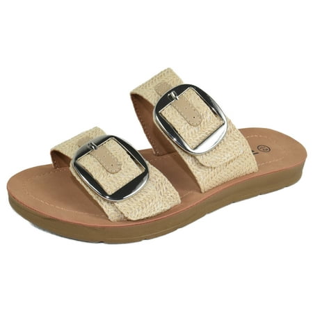 

Soda Shoes Women Sandals Double Strap Functional Buckles Flip Flops HELLO-S Raffia Beige 6