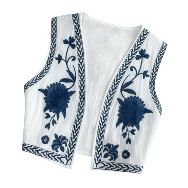 Chaleco corto informal de estilo boho para mujer, con bordado floral, ideal para el verano. Blanco