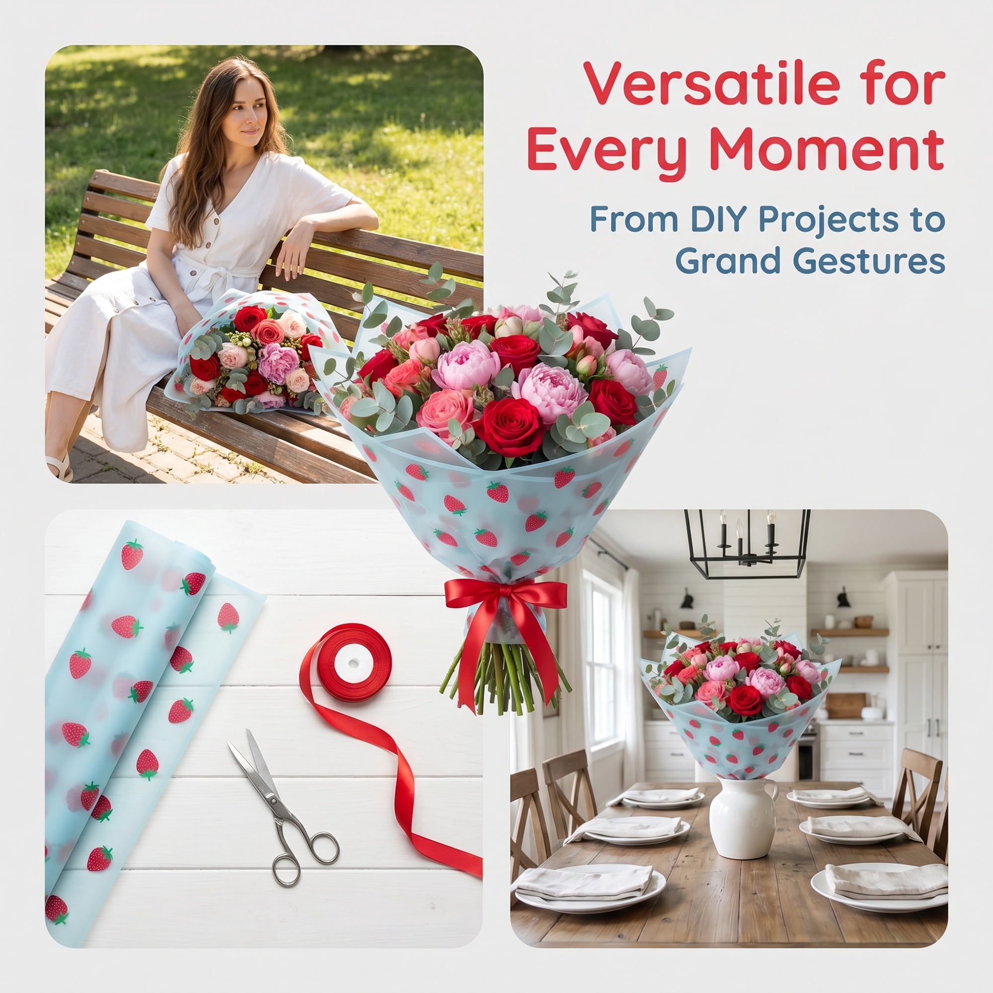 Unique Bargains Strawberry Gift Wrapping Paper Sheets for Floral Gifts Blue 22.4"x 22.4"