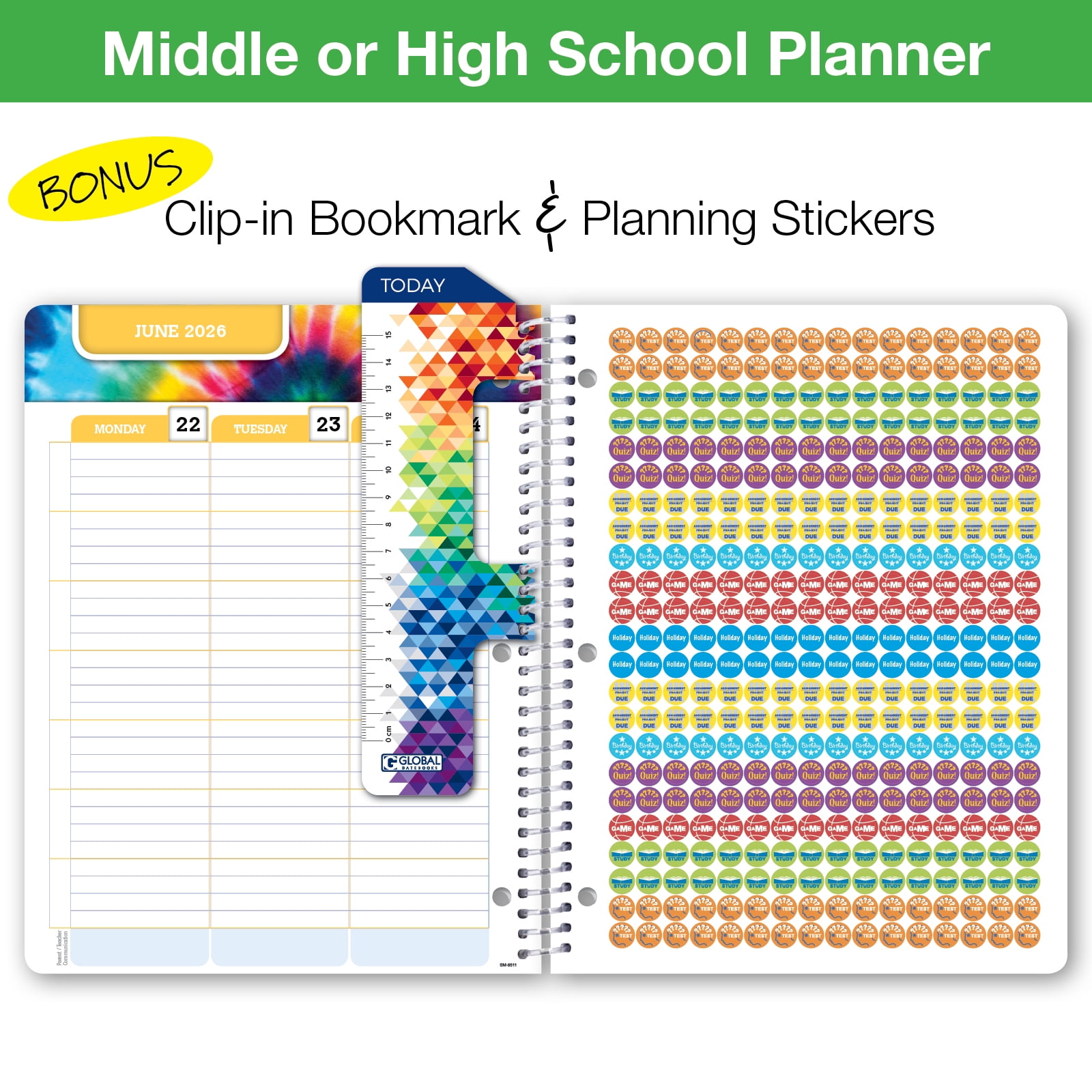 Global Datebooks Dated 2025-2026 Weekly and Monthly Academic Year Student Planner Calendar, August 2025 - June 2026, Ruler/Bookmark and Planning Stickers, Matrix Style, 8.5"x11", Triple Stripe