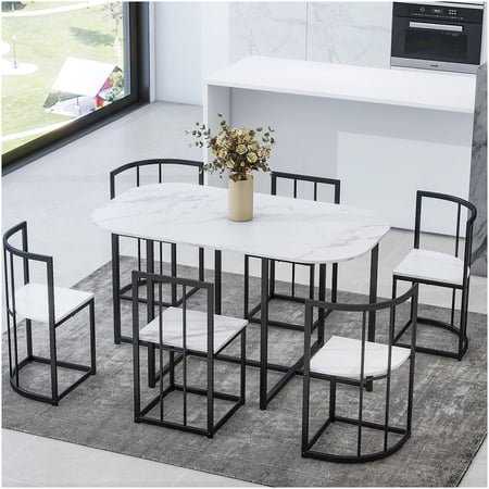 7-Piece Round Dining Table Set Kitchen Table and Chairs for 6 with Faux Marble Top Compact Design for Small Spaces