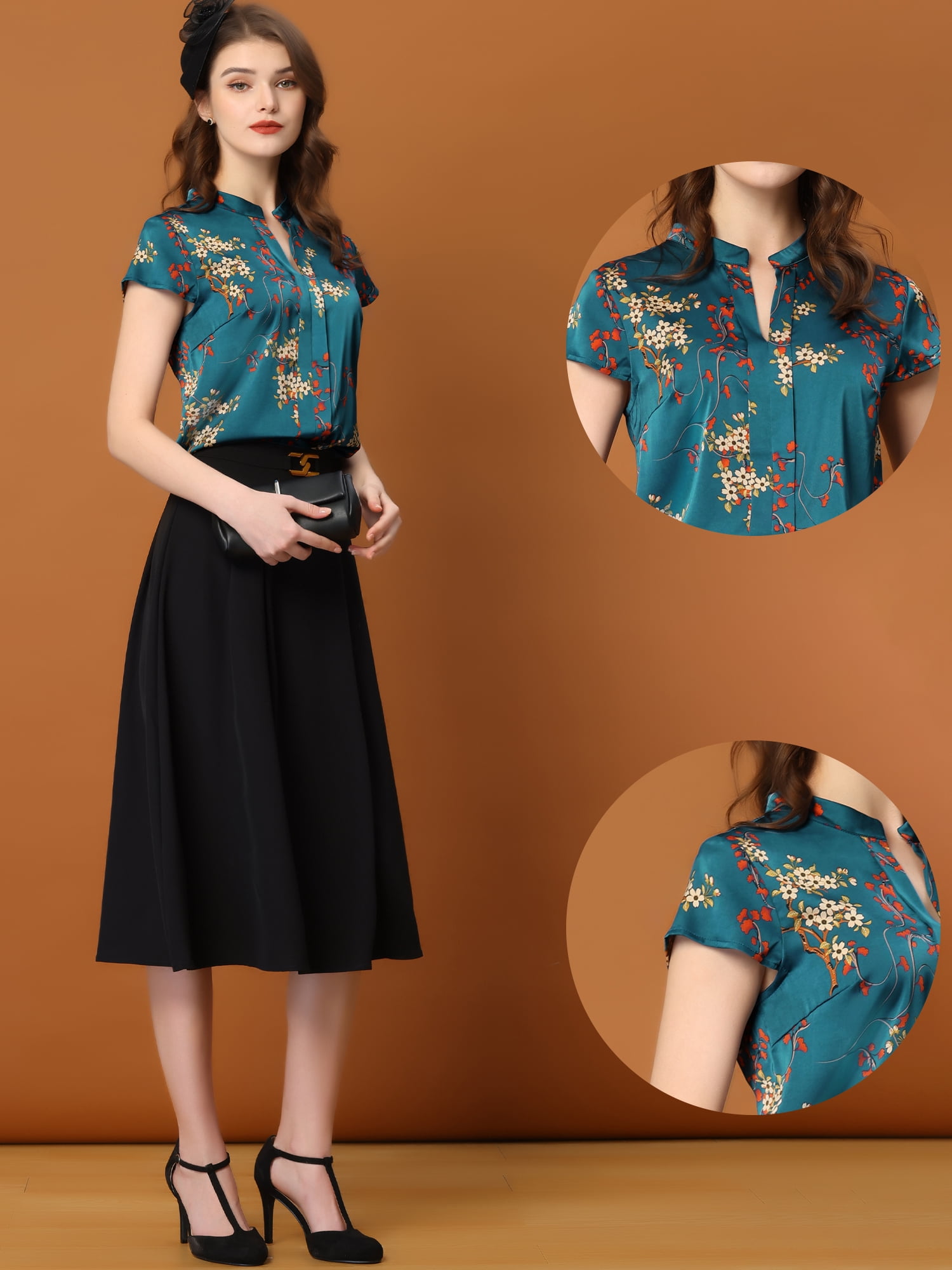 DARING DIVA Stand Collar Floral Silky Work Blouse Top Navy Blue XS M Navy Blue-Floral