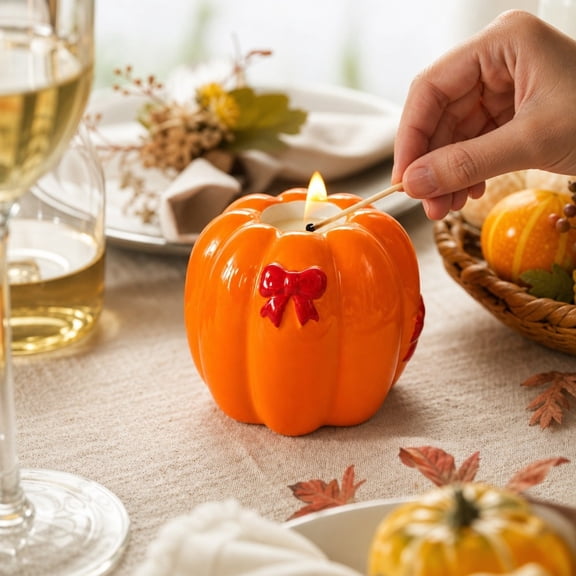 Ceramic Pumpkin Candle Holder with Bow for Taper and Tealights Fall Table Centerpiece Decor