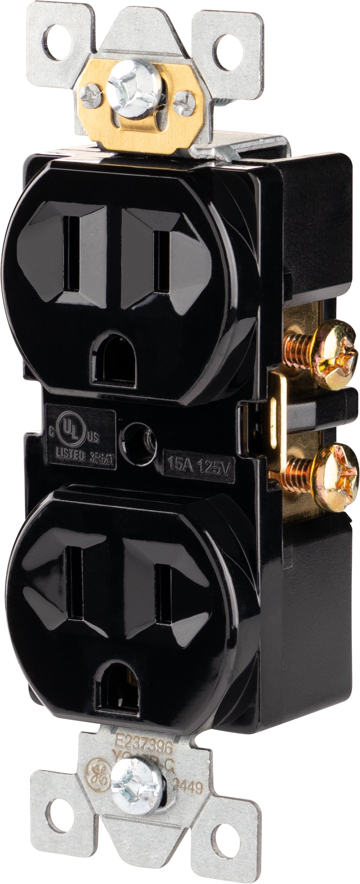 GE Grounding Duplex Receptacle, Electrical Outlet, 15A, Heavy Duty, Black