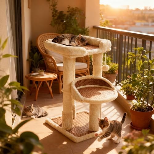 Multi-Level Cat Tree for Indoor Cats, Modern Cat Tower with Double Beds & Scratching Posts, 27in Cat Tree for Large Cats and Kitten, Small Cat Climbing Tower with Hanging Toys, Cream White
