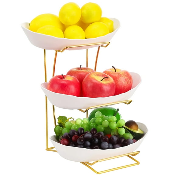 3 Tier Fruit Bowl for Kitchen Counter, Gold Metal Stand Tiered Fruit Basket, ABS Serving Bowls, 11.2 in Lightweight Luxury Multi-Layer Snack Rack for Home Living Room
