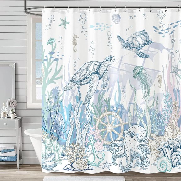 Nautical Coastal Sea Turtle Shower Curtain Ocean BeachShower Curtains for Bathroom Anchor Jellyfish Seahorse Starfish Seashell Bath Curtain Decor (72'''' × 72'''')