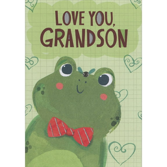 Designer Greetings Cute Frog Wearing Red and Silver Bowtie on Light Green Grid Pattern Juvenile Valentine's Day Card for Grandson