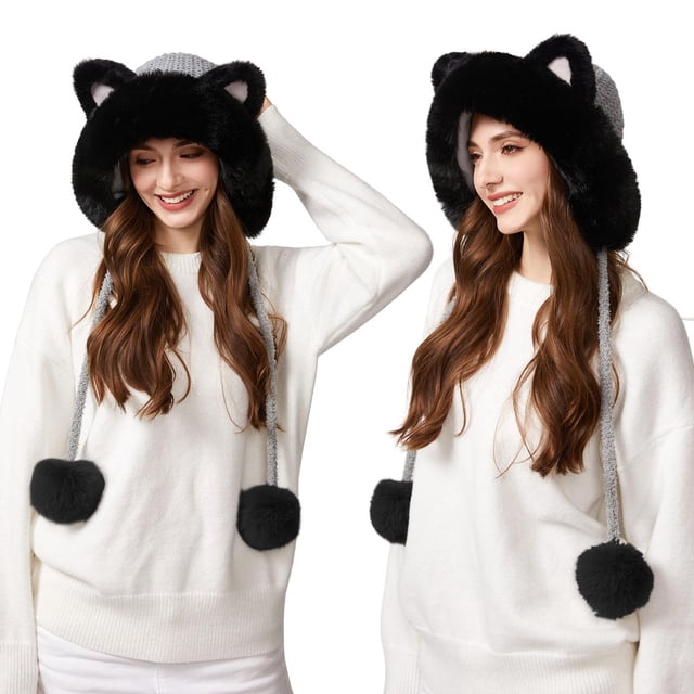 Cute Cats Ears Knitting Hat Fluff Ball Fleece Lined Winter Knitwindproof Warmth Balaclava For Women