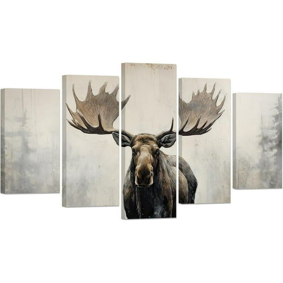 ZHONGYUTONG Moose Canvas Wall Art 5 Pieces Elk Deer Picture Prints Winter Forest Lake Paintings Wild Animals Artwork for Rustic Farmhouse Decor Framed (8"x14"x2 8"x18"x2 8"x22"x1)