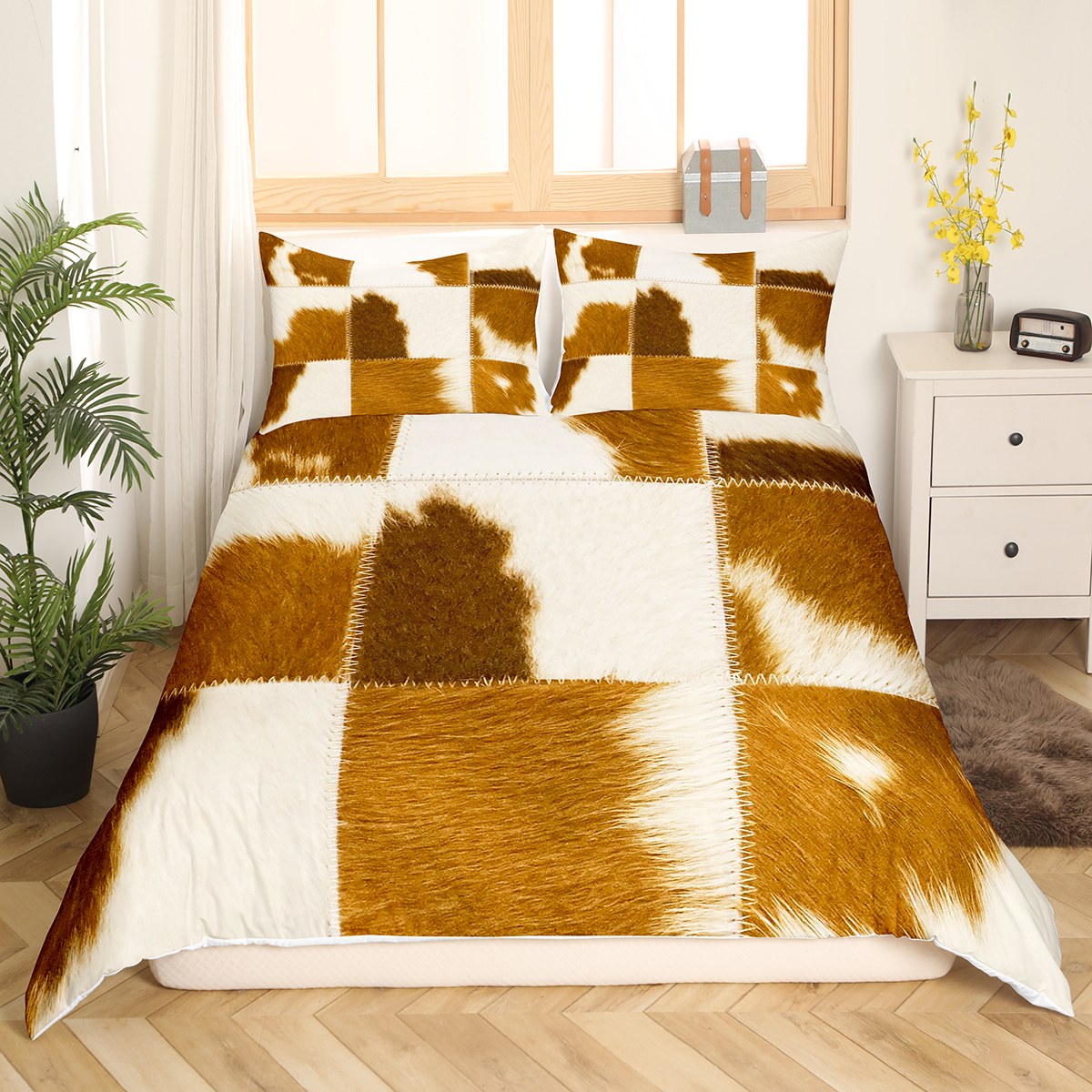 YST Cowhide Duvet Cover King Patchwork Cow Print Bedding Set, Western