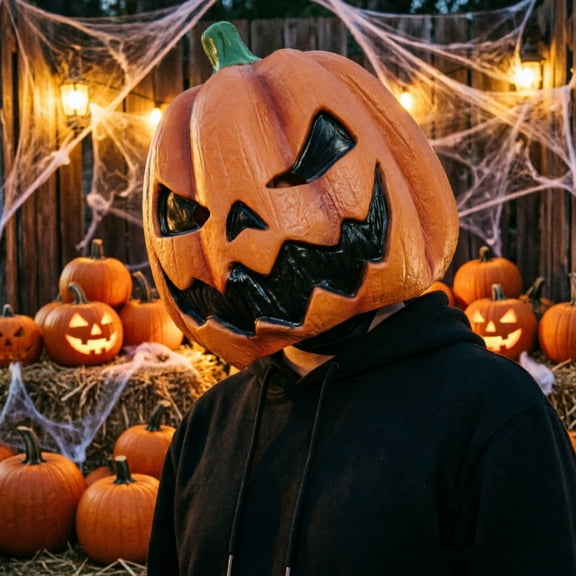 Halloween Accessory, Halloween Party, Halloween Decor, Pumpkin Lantern, 13X12 in Scary Evil Pumpkin Latex Head Cover, for Spooky Trick-Or-Treating Events, Haunted House Displays,