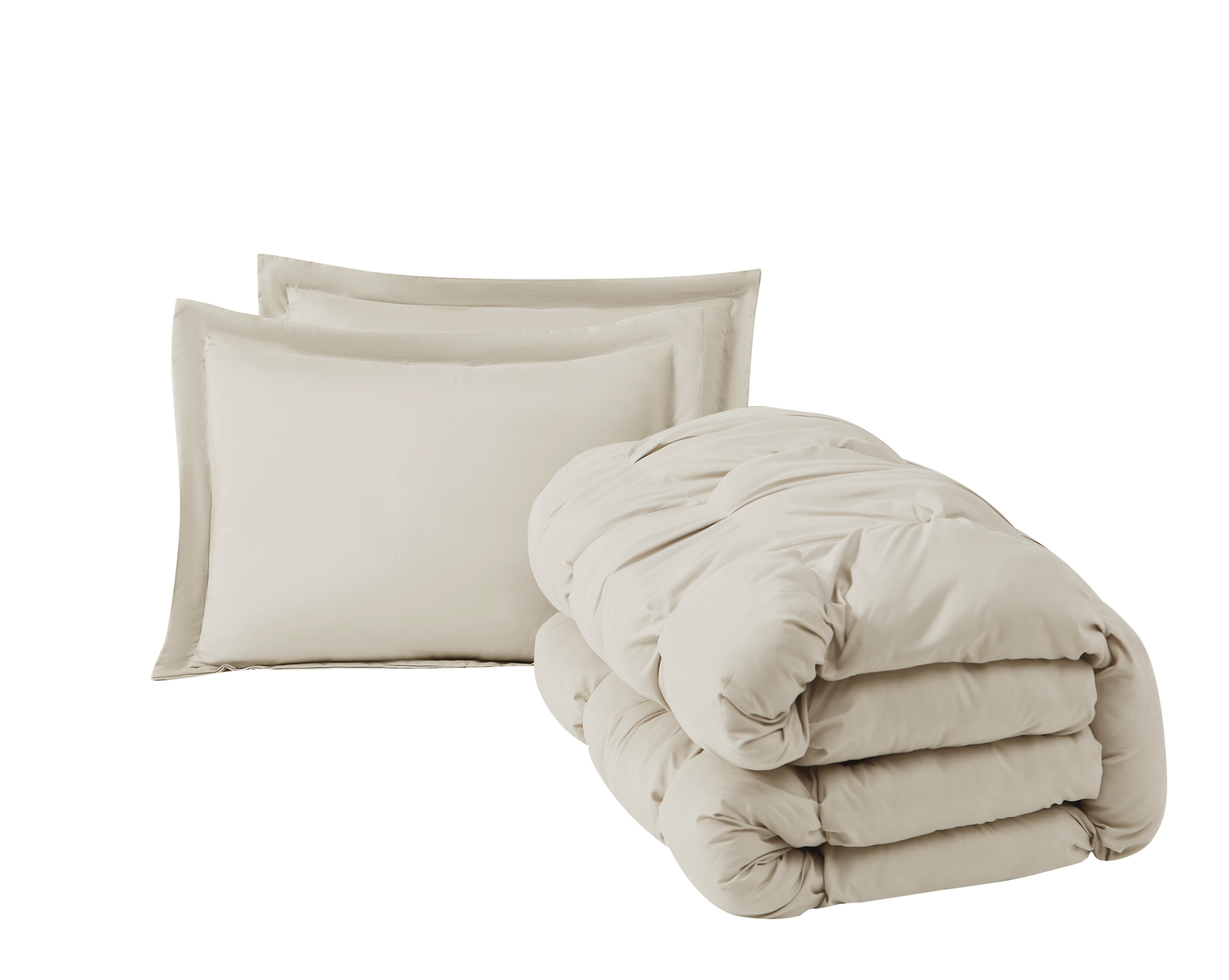Truly Soft Cloud Puffer Boxed Pleat 100% Microfiber Polyester Beige 3-Piece Full/Queen Comforter Set, Solid Casual themed, Adult Bedding, OEKO-TEX Certified