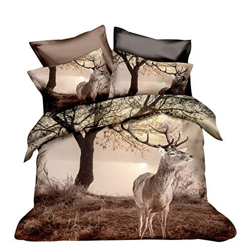 Feelyou Deer Animal Duvet Cover Set King Size 3 Pieces Luxury Fall Bedding Set Wild Animals Microfiber Comforter Cover with 2 Pillow Shams Zipper Ultra Soft Modern Design Quilt Cover Vigorou