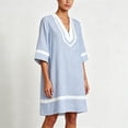 thumbnail image 4 of Women's Striped Dress V-Neck 3/4 Sleeve Colorblock Trim Dress Breathable Beach Resort Sundress Dresses for Women Light Blue S, 4 of 6