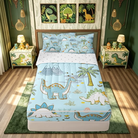 meiyoeat Cartoon Dino Zipper Comforter Set with Fitted Sheet and 2 Pillowcases for Kids, Tropical Spinosaurus Wildlife Zipper Bedding Set, Sky Blue, Reversible, 3pcs