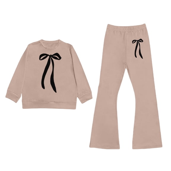 Shadoumai Tween Girls Clothes Color Block Bow Print Top & Wide Leg Sweatpants 2 Piece Spring/Fall Outfit Set Size 7-16